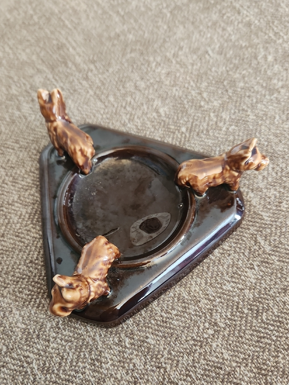 Vintage Brown Ceramic Triangular Trinket Dish with Scottie Dog Figurines